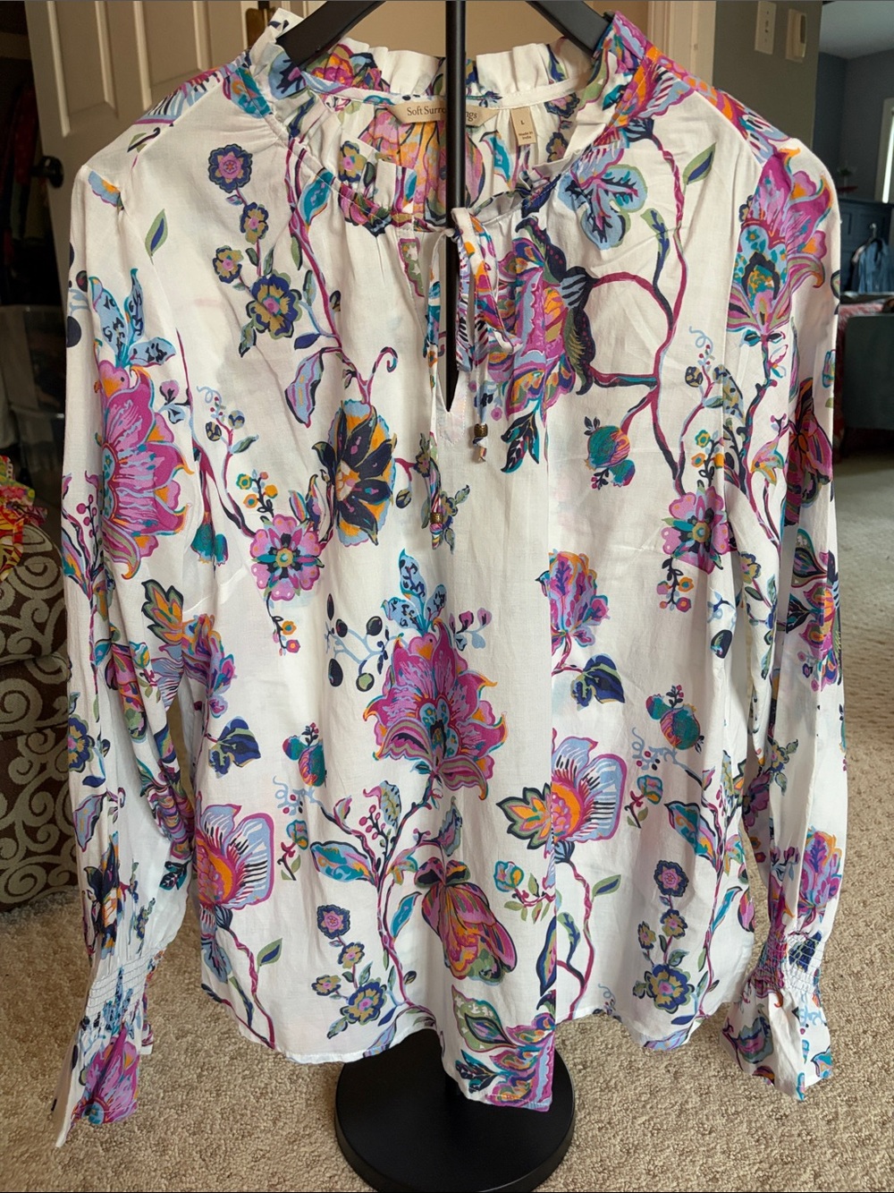 Soft Surroundings White Floral Tie-Neck Blouse with Pink, Purple & Teal Accents